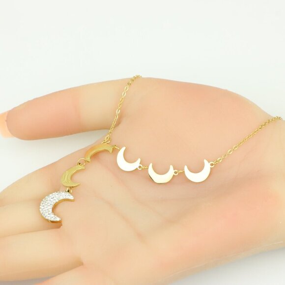 Gold Plated Moon Phase Necklace with Elegant Crescent Charms, XPNL0384 - Picture 3 of 13